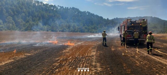 A Clariana de Cardener els Bombers actuen per apagar un incendi en un camp de rostolls a l'alçada de la C-55.